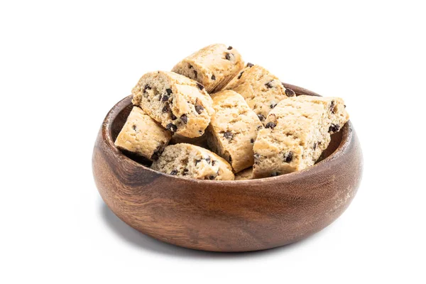 Čokoládové Biscotti Sušenky Dřevěné Míse Izolované Bílém — Stock fotografie
