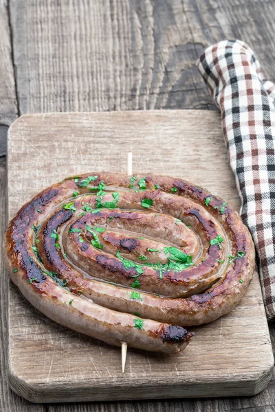 Grilled Rolled Thin Lamb Sausages Wooden Table — Stock Photo, Image