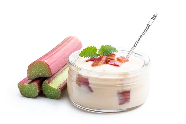 Fruit Creamy Yogurt Stewed Rhubarb Glass Jar Isolated White — Foto de Stock