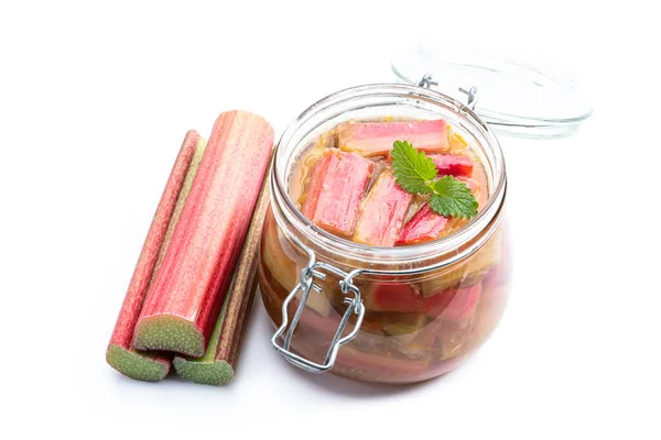 Homemade Rhubarb Jam Jar Raw Stalk Rhubarb Isolated White — Stock Fotó
