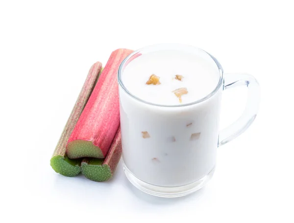 Creamy Yogurt Fruit Pieces Raw Stalk Rhubarb Isolated White — Stockfoto
