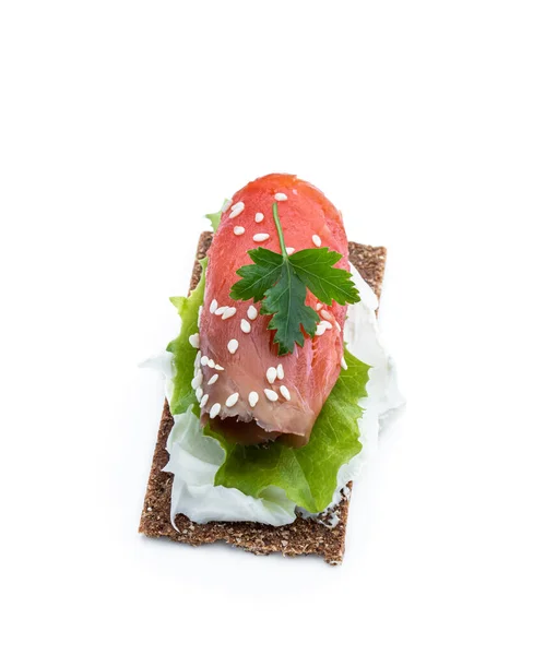 Healthy Toast Rye Bread Salmon Isolated White — Stock Photo, Image