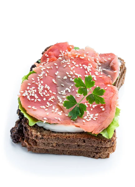 Healthy Toast Rye Bread Salmon Isolated White — Stock Photo, Image