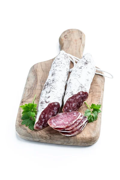 Spanish Dry Cured Sausages Salami Parsley Spices Wooden Board — Foto de Stock