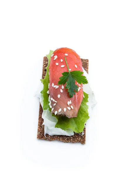 Healthy Toast Rye Bread Salmon Isolated White — Stock Photo, Image