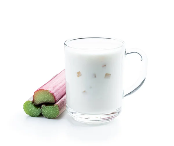 Creamy Yogurt Fruit Pieces Raw Stalk Rhubarb Isolated White — Stockfoto