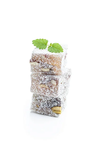 Turkish Delight Phistachio Almond Covered Coconut Isolated White — Stockfoto