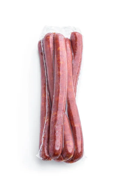 Smoked Pork Thin Sausages Vacuum Pack Isolated White — Stockfoto