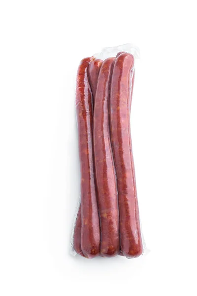 Smoked Pork Thin Sausages Vacuum Pack Isolated White — Stockfoto