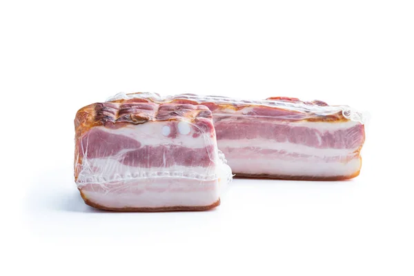 Smoked Boiled Bacon Vacuum Pack Isolated White — Stock Photo, Image