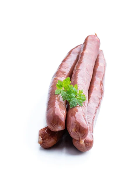 Geräuchertes Schweinefleisch Dünne Würstchen Isoliert Auf Weißen — Stockfoto