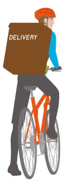Arkadan görülen bir bisiklette duraklayan teslimatçı bir genç adam tasviri