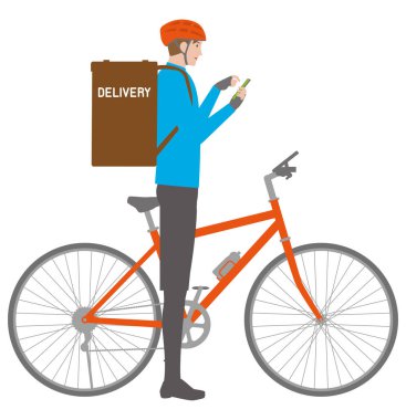 Teslimatçı genç bir adam ve akıllı telefona bakan bir bisiklet.