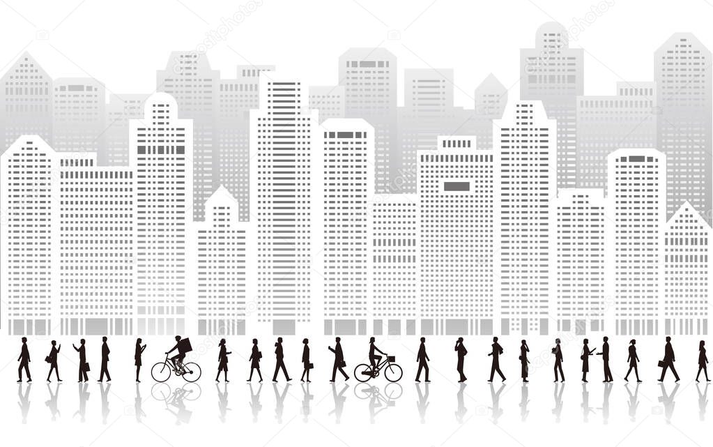 PrintSideways silhouette illustrations of skyscrapers and pedestrians such as office workers and young people