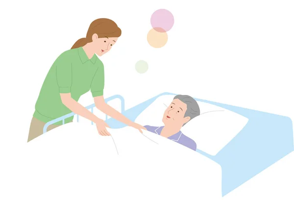 ベッドで寝ている老人の世話をする女性介護者 ベクターイラスト — ストックベクタ