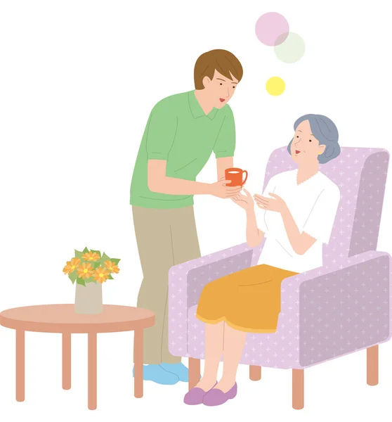 男性介護者が高齢者の女性に飲み物を与える ベクターイラスト — ストックベクタ