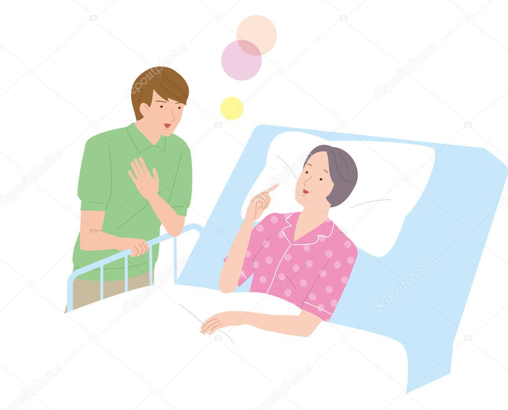 A male caregiver who takes care of an elderly woman sleeping in bed. Vector illustration 