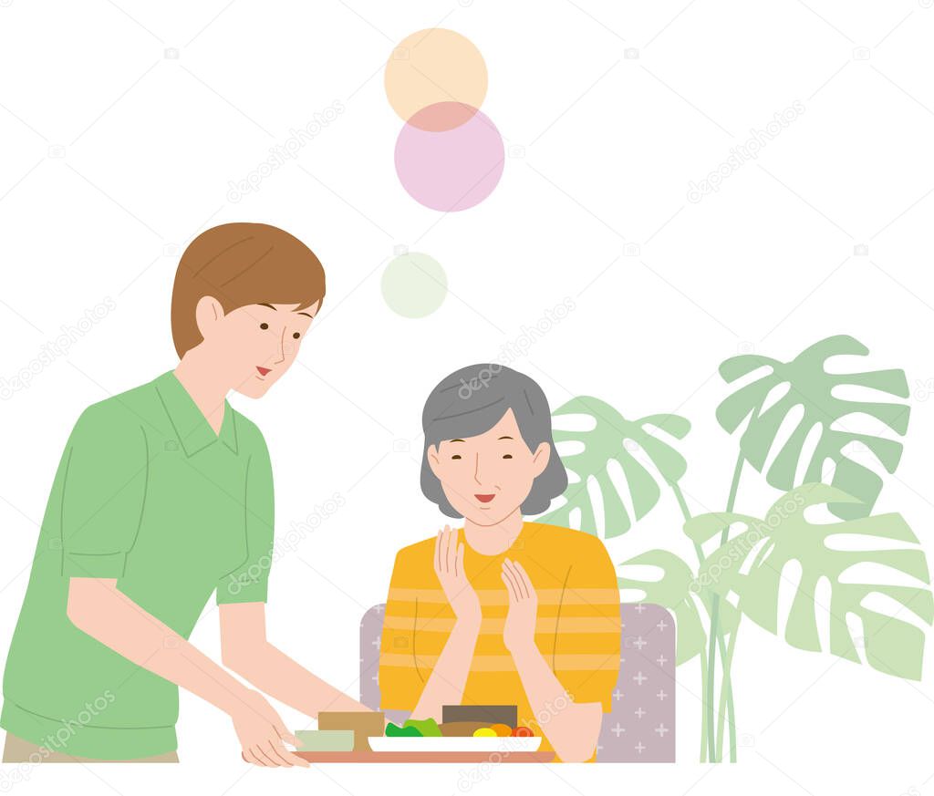A female caregiver giving food to an elderly woman. Vector illustration 