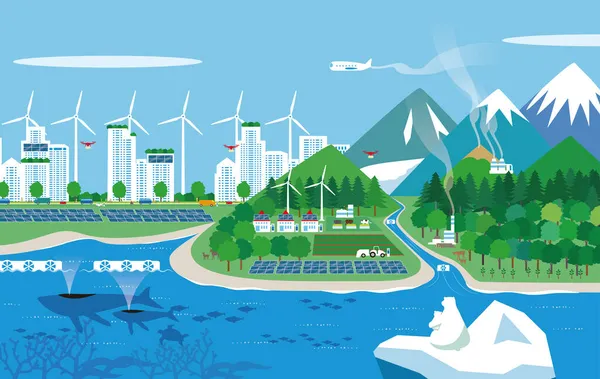 再生可能エネルギーによる地球温暖化防止画像のベクトル図 — ストックベクタ