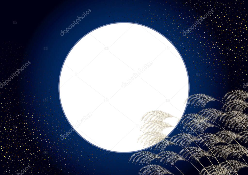 Japanese pampas grass and full moon. Japanese autumn landscape vector illustration background