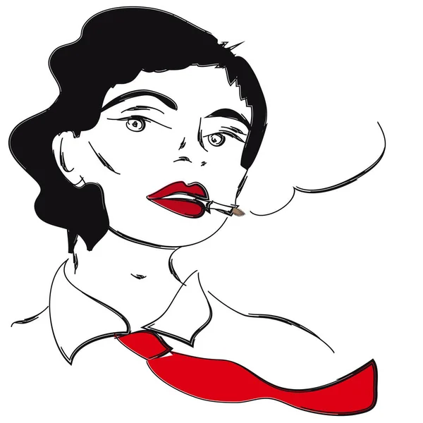 Burgonya dudaklı ve kırmızı kravatlı bir model sigara içiyor, retro tarzı.