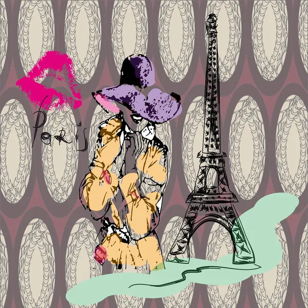 先锋派艺术 穿着帽子和风衣的巴黎女人 复古风格 埃菲尔铁塔 当代流行媒介的例证 壁纸图案 — 图库矢量图片