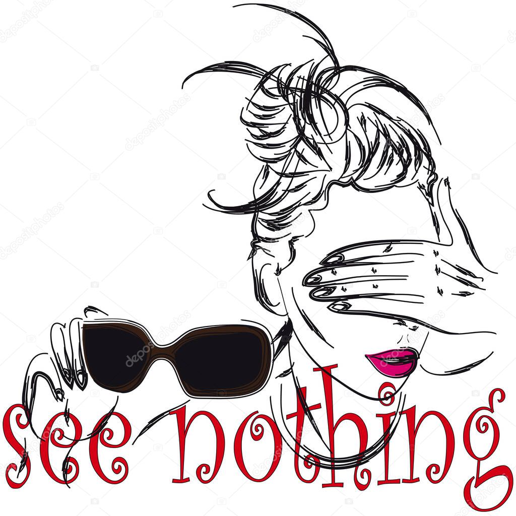 Model covering her eyes with her hand, see nothing
