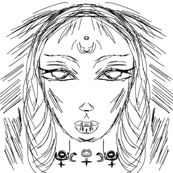 Young Soothsayer Clairvoyant Sorceress Astrological Symbols Freehand Drawing Vector Abstract — Stockvector