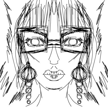 Model in trendy glasses and long earrings, freehand drawing, vector. Contemporary trendy art illustration