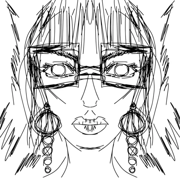 Model Trendy Glasses Long Earrings Freehand Drawing Vector Contemporary Trendy — 스톡 벡터