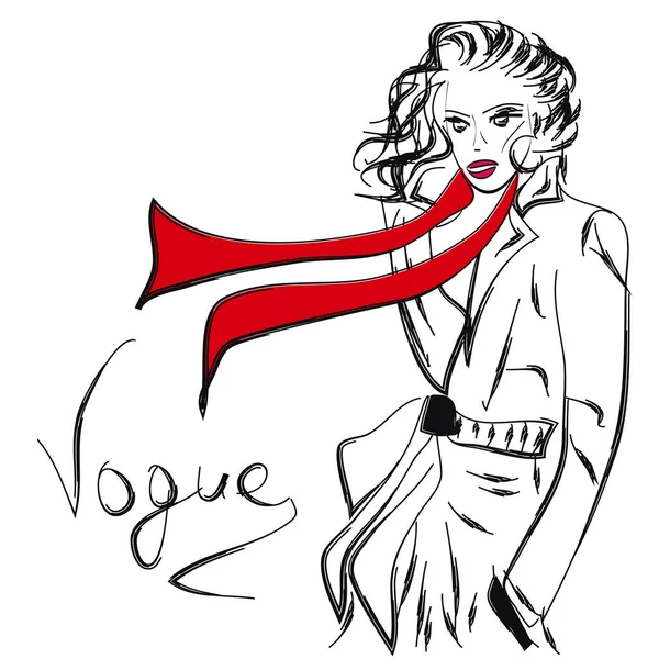 Modèle Trench Coat Rétro Écharpe Rouge — Image vectorielle