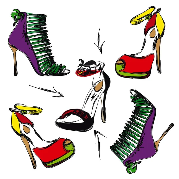 Diferentes Zapatos Coloridos Brillantes Tacón Alto — Archivo Imágenes Vectoriales