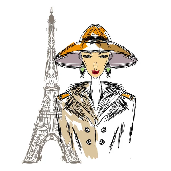 埃菲尔铁塔附近身穿风衣 头戴宽边帽的女子复古风格 — 图库矢量图片