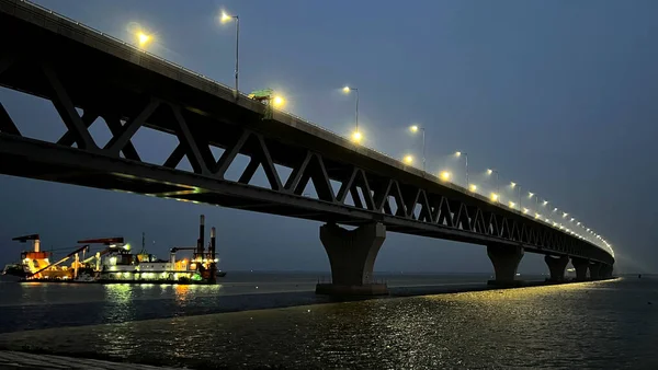 Celkový Pohled Osvětlení Padmského Mostu Oblasti Munshiganj Dháce Bangladéši Června — Stock fotografie
