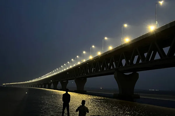 Celkový Pohled Osvětlení Padmského Mostu Oblasti Munshiganj Dháce Bangladéši Června — Stock fotografie