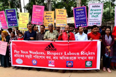 Activists of Five Garments workers organization stage a protest rally against Adidas brand demanding due wages11.7 million us dollars to workers of eight factories supplied by Adidas brand in Cambodia, in Dhaka, Bangladesh, August 18, 2022