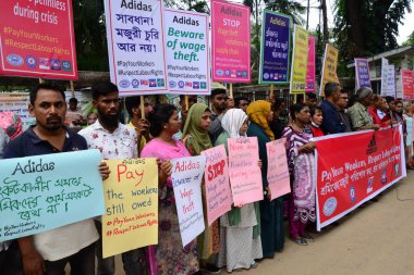 Activists of Five Garments workers organization stage a protest rally against Adidas brand demanding due wages11.7 million us dollars to workers of eight factories supplied by Adidas brand in Cambodia, in Dhaka, Bangladesh, August 18, 2022