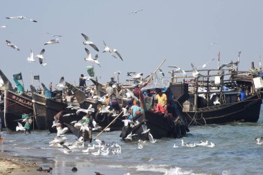8 Aralık 2018 'de Bangladeş' in Cox Bazar kentindeki Naziratek balıkçı köyünün yakınlarındaki tekneden balık boşaltan balıkçılar görülüyor. Bengal Körfezi 'nin kesiştiği sahildeki Naziratek ülkenin en büyük Shizuki Mahal' i haline geldi..