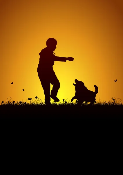 Çocuk ve köpeği oyun oynarken — Stockvector