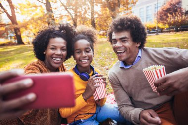 Karışık aile parkta piknik yaparken eğleniyor, selfie çekiyor..