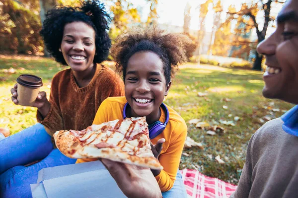 Μικτή Οικογένεια Διασκεδάζει Ενώ Πικνίκ Στο Πάρκο Τρώει Πίτσα — Φωτογραφία Αρχείου