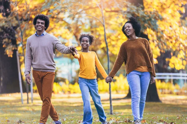 Adorable Mixed Race Family Walking Autumn Park — Stock Photo, Image