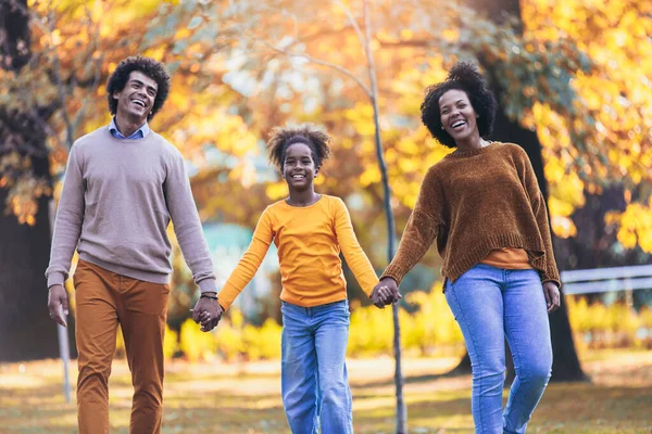 Adorable Mixed Race Family Walking Autumn Park — Stock Photo, Image