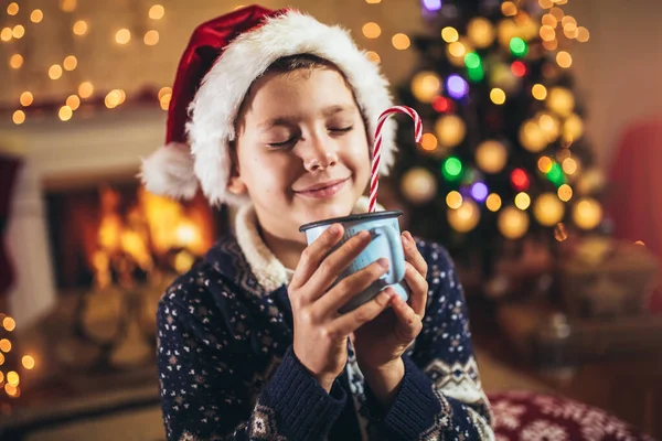 소년이 크리스마스 근처에 마시멜로와 코코아 덩어리를 — 스톡 사진