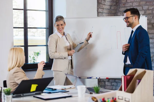 Joven Hombre Negocios Mujer Negocios Están Haciendo Una Presentación Para — Foto de Stock