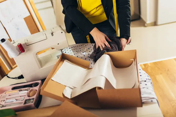 Seamstress Woman Home Accepting New Orders Online Packing Merchandise Customer — Stock Photo, Image