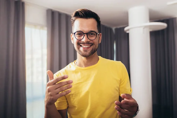 Portrait Smart Confident Smiling Millennial Man Standing Home — Stock Photo, Image