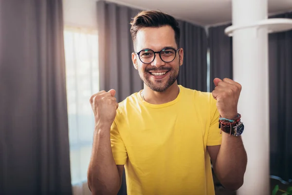 Portrait Smart Confident Smiling Millennial Man Standing Home — Stock Photo, Image
