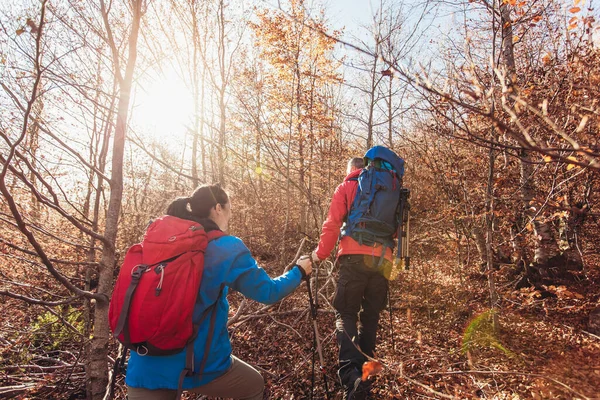 Couple Travellers Hiking Nature Walking Talking Forest Path Together — Stock Photo, Image