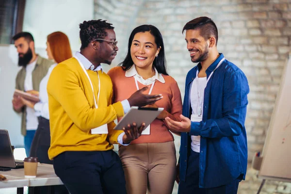 Happy Business Colleagues Using Digital Tablet While Standing Office — Stock Photo, Image